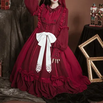 Lolita Kjoler Kvinder Royal Cosplay brugerdefinerede Søde Sløjfeknude langærmet kjole Foråret Efteråret Retro Vintage Piger Korea Japan Mode