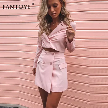 Fantoye Sommer Mode Officielle To-Delt Sæt Kvinder Pink V-Hals Mini-Bodycon Kjole Sæt Fuld Ærme Afslappet Frakke Streetwear Passer