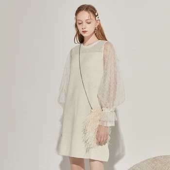 ARTKA 2020 Efteråret Nye Kvinder klæder sig Elegant Uld Strikket Sweater Kjole O-Neck Pullover Mesh Lanterne Ærme Hvid Sweater LA21005X