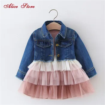 Alice 2019 Piger dress denim top passer børns foråret og efteråret prinsesse kage mesh kjole tøj, sæt kids tøj