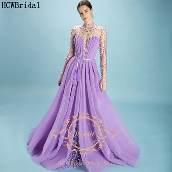 Lavendel Lange Ærmer Sexet Gennemsigtig Kjole Til Aften I Høj Hals Med Lommer Plus Size Arabisk Kvinder Prom Kjole Lang Speciel Kjole