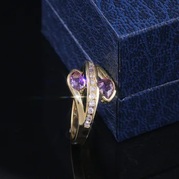 Unikke Kvindelige Blad Lilla Krystal Fest Ring Elegante Zircon Finger Ringe Til Kvinder Luksus Gul Guld Fyldt Vielsesring