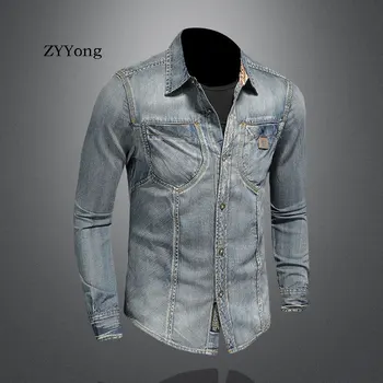 ZYYong Nye Mode Revers Lange Ærmer Mænd, er Denim Skjorte Retro Slank Blå Motorcykel Streetwear Stil Fritid Tyndt Lag