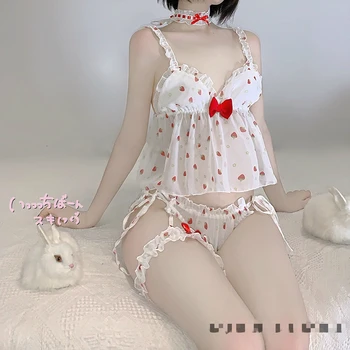 Broderi Camisole Kawaii Jordbær Nattøj Japansk Anime Cosplay Pige Pyjamas Søde Sexede Undertøj Sæt Ensartede Undertøj