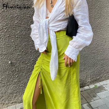 Huaxiafan Kvinder Opdelt Sommer Nederdel Bunden Elastisk Satin Talje Elegante Damer, Smarte Nederdele Kvindelige Streetwear 2020 Nye Mode