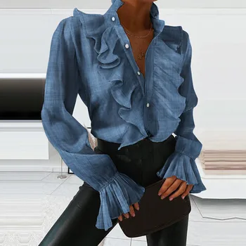 Kvinder Elegante Solid Flæse Bluse Shirt 2020 Efteråret Flare Lange Ærmer V-Hals Pullover Toppe Kontor Dame Casual-Knappen blusa