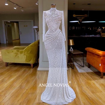 Lange Ærmer Hvid Havfrue Høj Hals arabisk Kjole til Aften i 2020 kaftan Dubai Vestidos Elegantes Lange Galla Fest Kjole