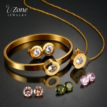 UZone 4 Farver Cubic Zircon Krystal Smykker Sæt Udskiftelige Charms Halskæde, Armbånd, Øreringe Rustfrit Stål Smykker Sæt