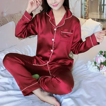 Kvinder Pyjamas Sæt Silke Satin Pyjamas Turn-down Krave Nattøj Dame langærmet Foråret Nattøj Femme 2 Stykker Homewear Sæt