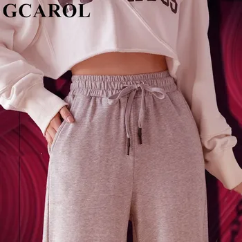 GCAROL Kvinder High Bindebånd i Taljen Lange Sport Pants Rippet Design 85% Cotton Stretch Wide-Ben Løs Plus Størrelse 2XL Bukser
