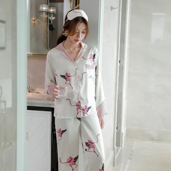 Flamingo Ædle Home Wear Pyjamas for Kvinders Luksus Sexet Tøj Lange Ærmer Udskrivning Nattøj Loungewear Silke-lignende Hjem Pijama