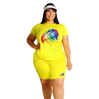 Plus Størrelse 2 Stykke Korte Sæt af Kvinders Tøj Trykt Rainbow Læbe O-Neck T-shirt + Korte Bukser om Sommeren Casual Maxi Clothings S-5XL