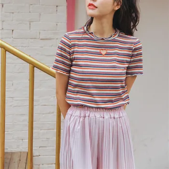 2019 koreansk Stil, Kort Ærme T-Shirts Kvinder Nye Hot Salg Student T-shirt Kvinder Mode Harajuku Stribet Kvindelige Slank Femme Dame