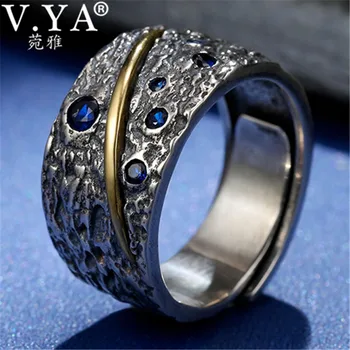 V. YA Blue Zircon 925 Sterling Sølv Ring for Mænd Thai Sølv Åben Ring Homme Mode Smykker Anillos Gaver