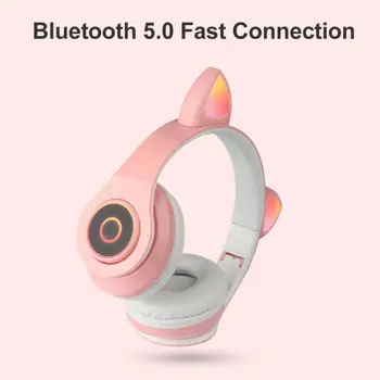 Bluetooth Trådløse Hovedtelefoner Over Ear Kat Ear Hovedtelefoner med LED Lys Børn Sammenklappelig Volumen Kontrol Glødende Gaming Headset