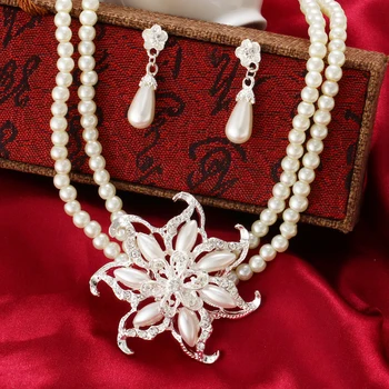 Bryllup engagement simuleret perle smykker sæt blomst rhinestone krystal halskæde krave og stud øreringe