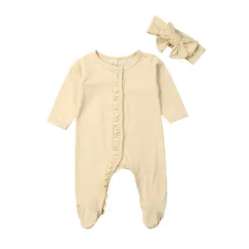 CANIS 2STK Nyfødte Baby Pige Dreng Bomuld med Lange Ærmer-Knappen Flæser ensfarvet Sparkedragt Hovedbøjle Pyjamas Tøj Tøj