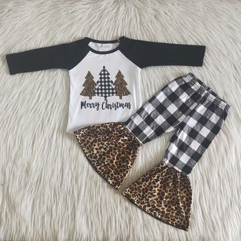 Christmas tree print, lange ærmer lille Barn t-shirts udstyr plaid leopard bukser børnetøj sæt