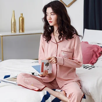 Bomuld Pyjamas for Kvinder Efterår og Vinter PJ Lange Ærmer Pijama Button-Down Ren Bomuld Pink Nattøj Sæt Damer Pyjama Femme