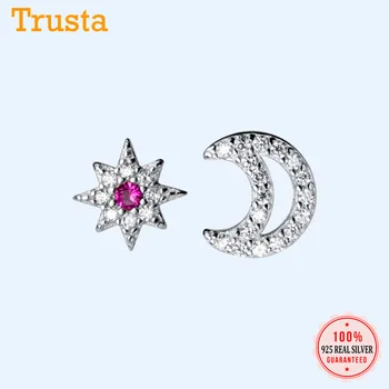 Trustdavis 925 Sterling Sølv Asymmetrisk Moon Star Blændende Hvid Pink CZ Stud Øreringe Til Kvinder Sølv 925 Smykker DT04