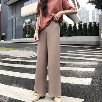 Nye koreanske Mode Kvinder, Tynde Bukser Damer Kontor Plus Size strikket Bred Ben Bukser med Elastik Høj Talje Kvindelige Casual Løs Bukser