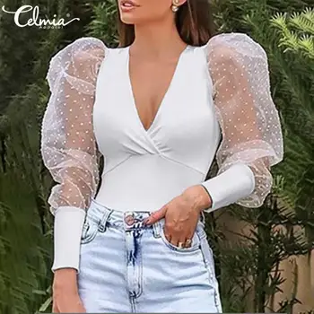 Celmia Kvinder Bluser, Mode-Se-gennem Sheer Mesh Dot Shirts Gennemsigtig Puff langærmet Toppe om Sommeren V hals Casual Blusas
