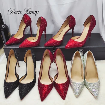 Doris Fanny Krystaller stor størrelse sort rød aften sko kvinde bryllup sko sexy stiletto kvinder høje hæle party sko til kvinder
