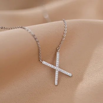 925 Sterling Sølv Crystal Cross Charm Halskæde Til Kvinder Romantisk Bryllup Smykker Choker Krave dz311