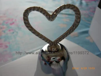 100pcs Hjertet Kissing Bell Sted Kort Foto Indehaveren Bridal Wedding Metal Hjerte Form Fordel Favoriserer Golden Sølv Farve