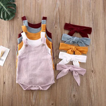 2020 0-24M Sommer Baby Piger Drenge Romper Hovedbøjle Bomuld Solidt Sæt 2stk Buksedragt Ærmeløs Nyfødte Spædbarn Tøj Tøj