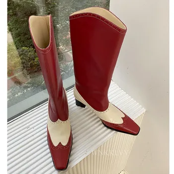 Hov hæle knæhøje støvler kvinder firkantet tå blandede farver retro lange støvler vestlige cowboy boots bane efteråret sko kvindelige 2020