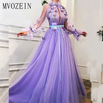 MVOZEIN Elegant Kjole til Aften i 3D Blomst Aften Kjoler Lang Høj Krave, Ærme Formel Part Kjoler robe de soiree