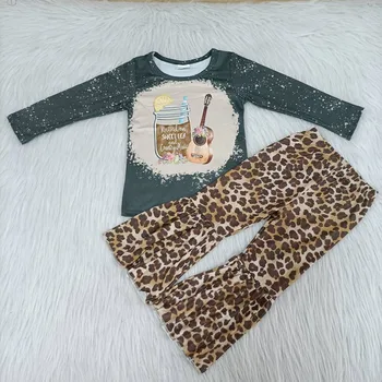 Engros børn piger boutique Tøj søde sæt Leopard bell-bund bukser Børn fashionable tøj spædbarn tøj