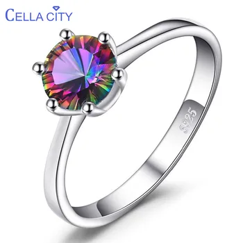Cellacity Ægte Rainbow Mystic Topas Ring i 925 Sterling Sølv Ringe for Kvinder Engagement Ring Sølv 925 Ædelstene Smykker