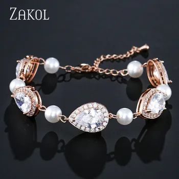 ZAKOL Luksus Cubic Zirconia & Imiteret Perle Kæde Link Bcelets For Elegante Kvinder Mode Brude Bryllup Smykker FSBP2101