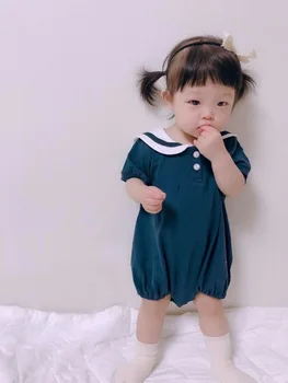 Humor Bjørn Sommer Baby Drenge Piger Buksedragt Turn-Down Krave Søde Bodyer Søde Børn Bomuld Koreansk Stil Korte Ærmer Spædbarn Clo
