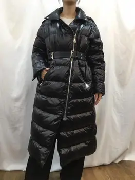 Fashion Vinter lang, varm, fluffy ned frakke kvindelige ægte læder syning ned parkacoats varme ned jakker med bælte ned frakker