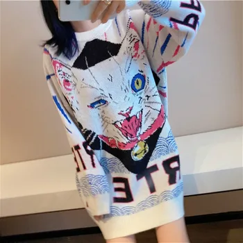 Elegant Sweater Kvinder Luksus Brand Design Nye Kat Anime Tegnefilm Brev Jacquard Mid-længde Løs Sweater, Jumper Sueter Mujer