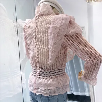 Mozuleva Bane Kvinder Pink Lag Flæser Shirt Blusas Forår Mode Blonder Hule Ladies V-Neck Bluse Slim Flare Ærmet Top