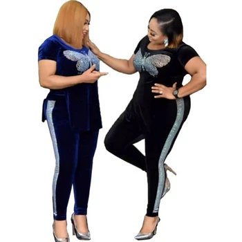 Velvet 2 To-delt Sæt Tøj til Kvinder Afrikanske Nye Dashiki Mode Top Og Bukser Super Elastisk Parti Plus Size Dame Tøj