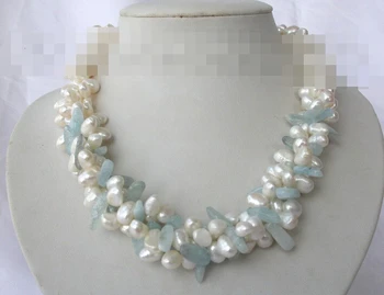 3strands hvid barok ferskvandsperle aquamarine halskæde