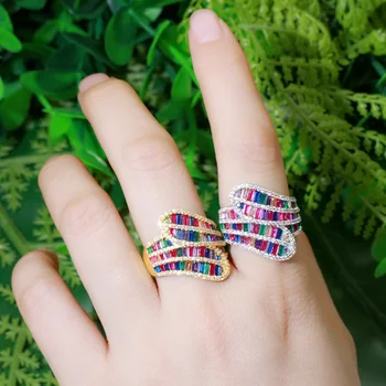 CWWZircons Luksus Mode Farverig Regnbue Cubic Zirconia Stor Justerbare Ringe til Kvinder Dubai Guld Farve Party Jewlery R187
