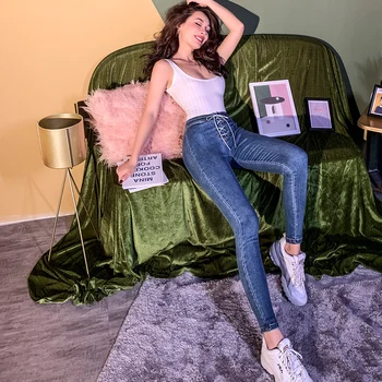 2019 Fall Winter Elastisk Tynde Snor Hele Kampen Street Style Jeans Kvinde, To Farver, Høj Talje Blyant Bukser