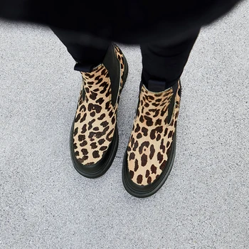 2020 Høj Kvalitet Hestehår Chelsea Støvler Til Kvinder Nye Leopard Korte Støvler Vinter Varm Ankel Støvler Kvinde