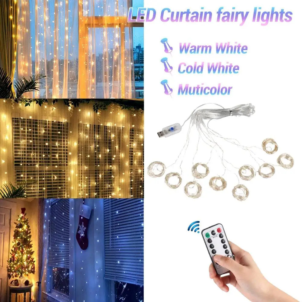 1/2/3m LED kulørte Lamper Garland Gardin Lampe Fjernbetjening USB-String Lys nytår Jul Soveværelse Indretning, Ferie Belysning