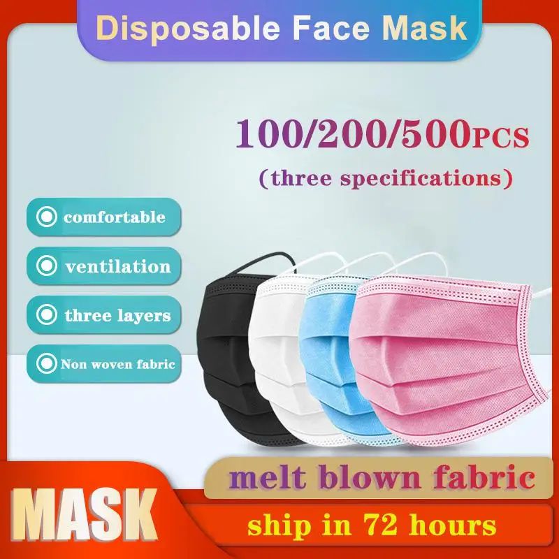 100-500pcs Maske, Engangs, Non-woven 3-lags Filter Face-Maske-Pink Sort Hvid Gul Blå Munden Ansigt Maske Voksen støvtæt Maske