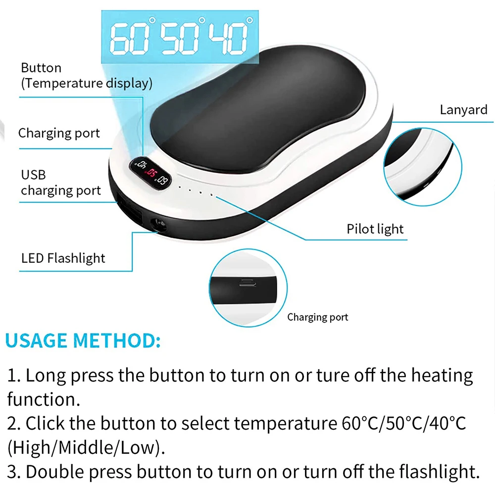 10000mA Elektriske Hånd Varmere USB-Opladning, Vinter Varm Lomme Power Bank Handwarmer 3 Modes Hurtig Opvarmning LED Lommelygte Gaver