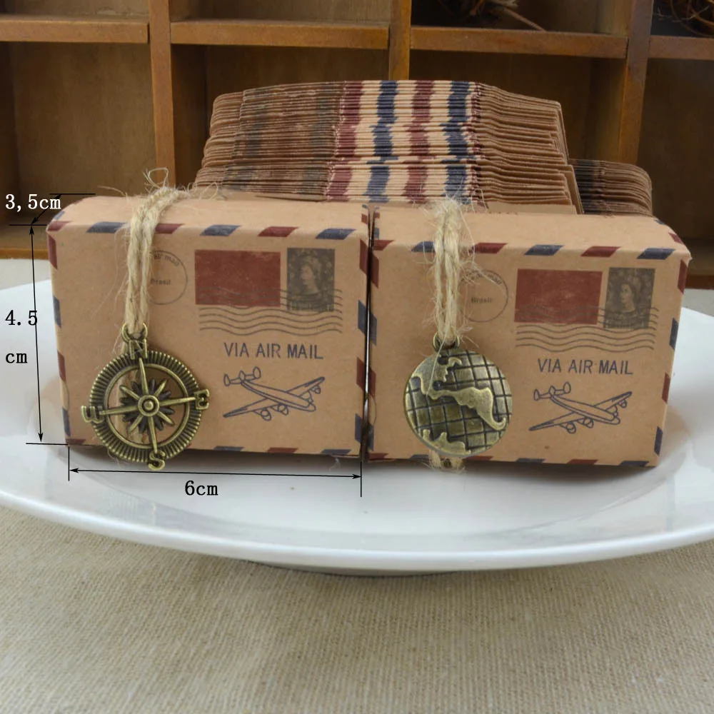 10sets Vintage Stempel Luftpost Design Candy Box Med Kompas/Mini Globe Kraft gaveæske Gaver Poser Bryllup Fødselsdag Part Forsyninger