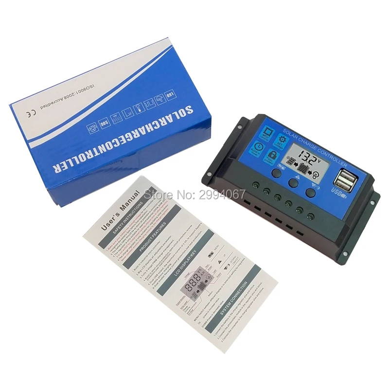 10STK x 20A 30A 10A DC12V 24V Auto PWM Solar PV-Panel Batteri laderegulator Sol-PV Regulator med 5V USB-LCD -