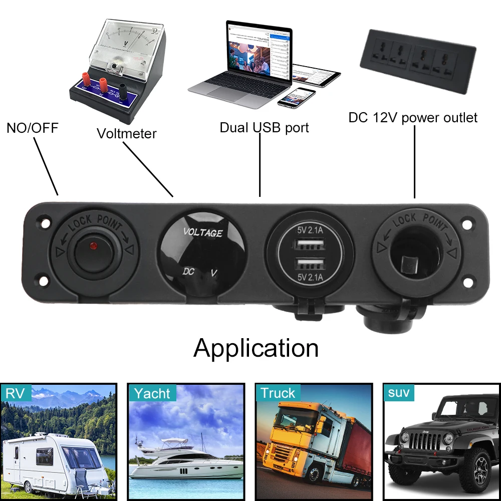 12V Power (strøm) 4 I 1 Switch Panel Vandtæt Digital Voltmeter Bil Dual Usb Oplader Stikkontakt Cigarettænder Med vippekontakten